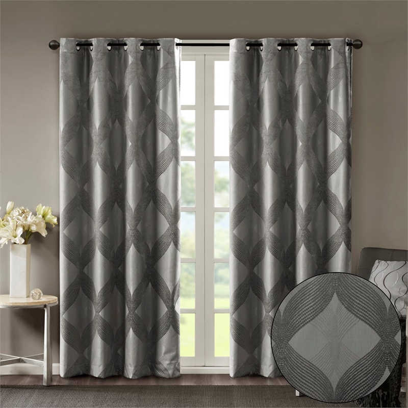 Pemberly Row Ogee Knitted Jacquard Total Blackout Panel in Charcoal