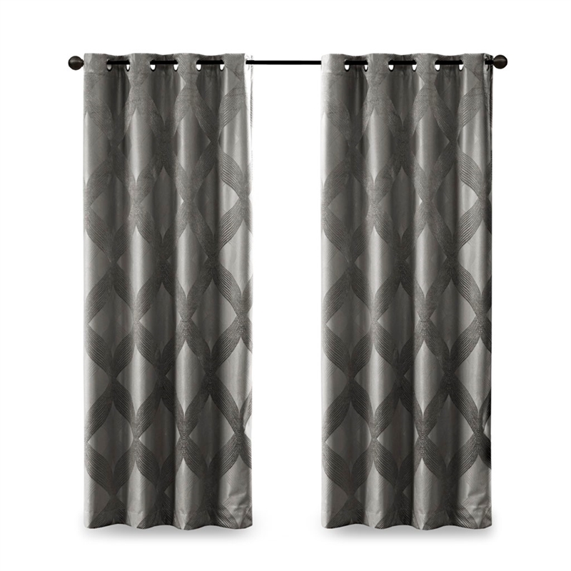 Pemberly Row Ogee Knitted Jacquard Total Blackout Panel in Charcoal
