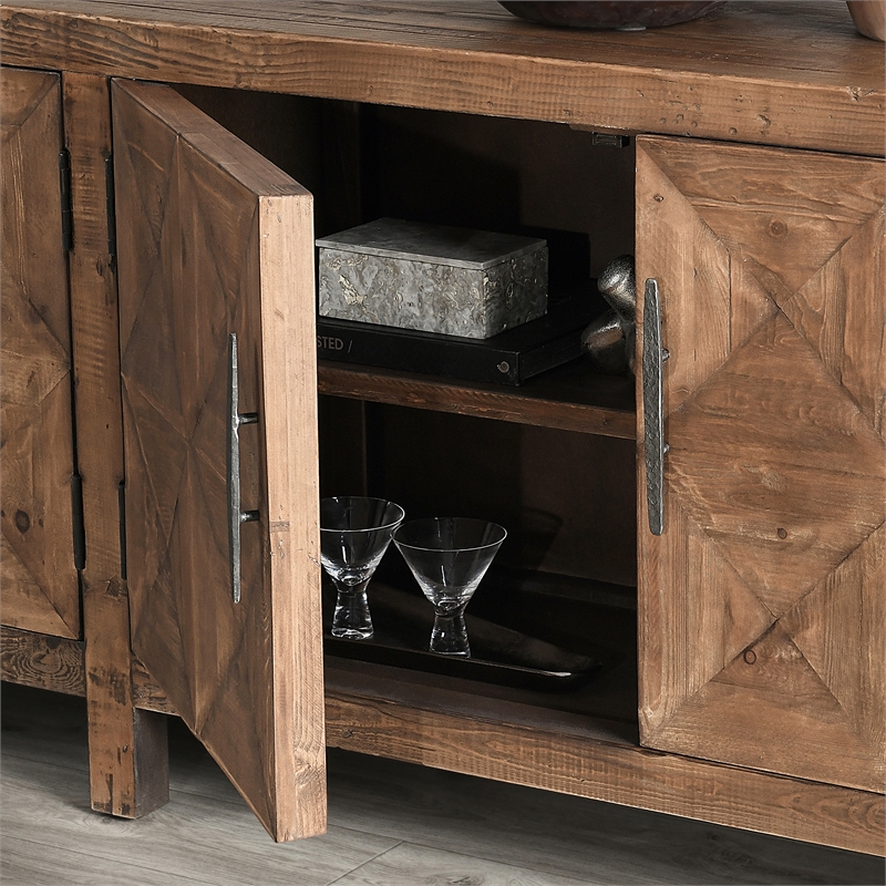 Pemberly Row Contemporary 4-Door Pine Wood Sideboard in Natural Brown