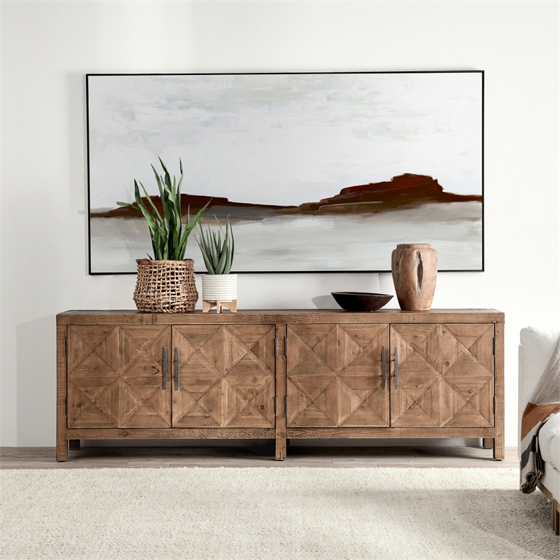 Pemberly Row Contemporary 4-Door Pine Wood Sideboard in Natural Brown