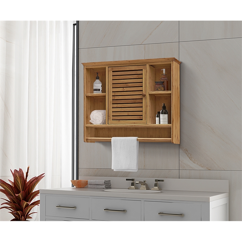 Pemberly Row Natural Spa Transitional Bamboo Compartment Wall Shelf