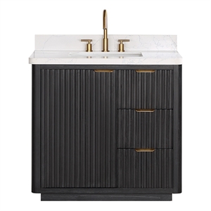 Pemberly Row 36&quot Single Vanity in Fir Wood Black with Composite Top in White