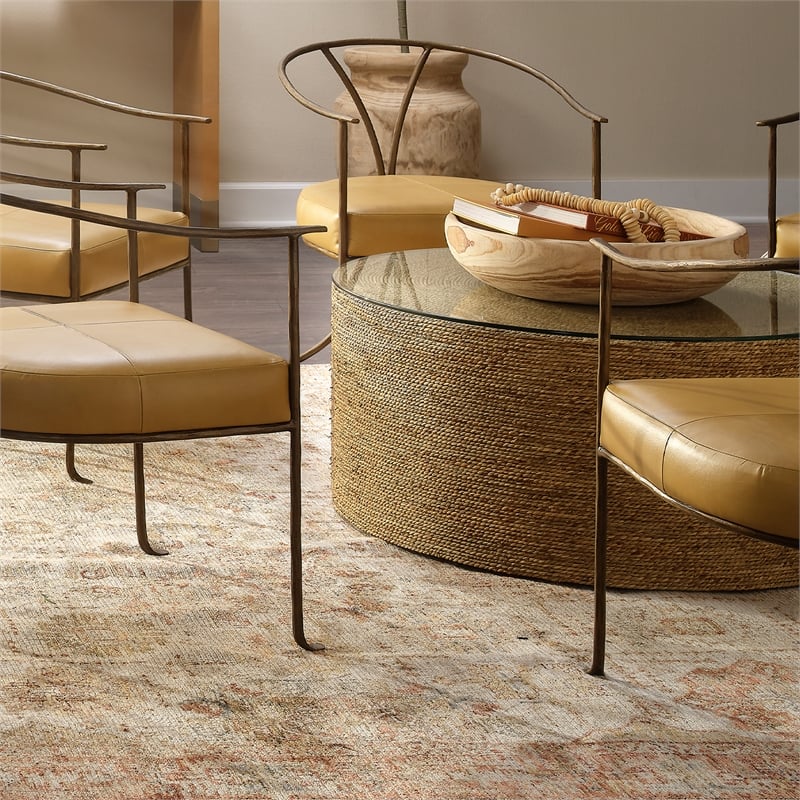 Pemberly Row Round Coastal Rattan & Glass Coffee Table in Natural