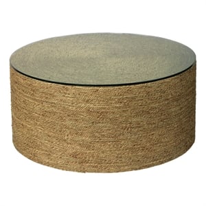 Pemberly Row Round Coastal Rattan & Glass Coffee Table in Natural