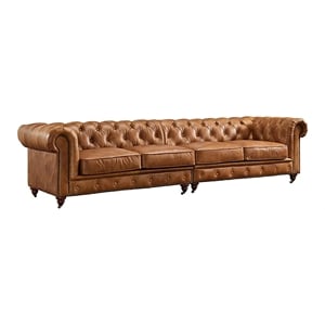 Pemberly Row Top Grain Leather Chesterfield 118&quot Leather Sofa in Light Chestnut