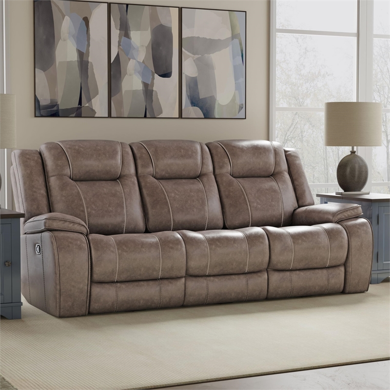Pemberly Row Traditional Microfiber Reclining Sofa in Taupe Finish