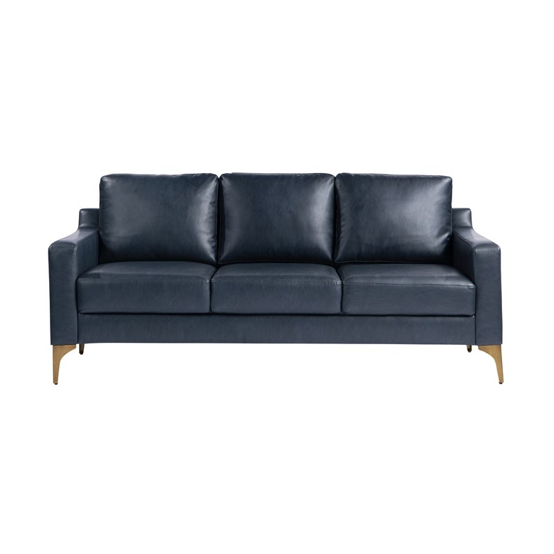 Pemberly Row Stationary Sofa in Navy Blue Faux Leather Upholstery