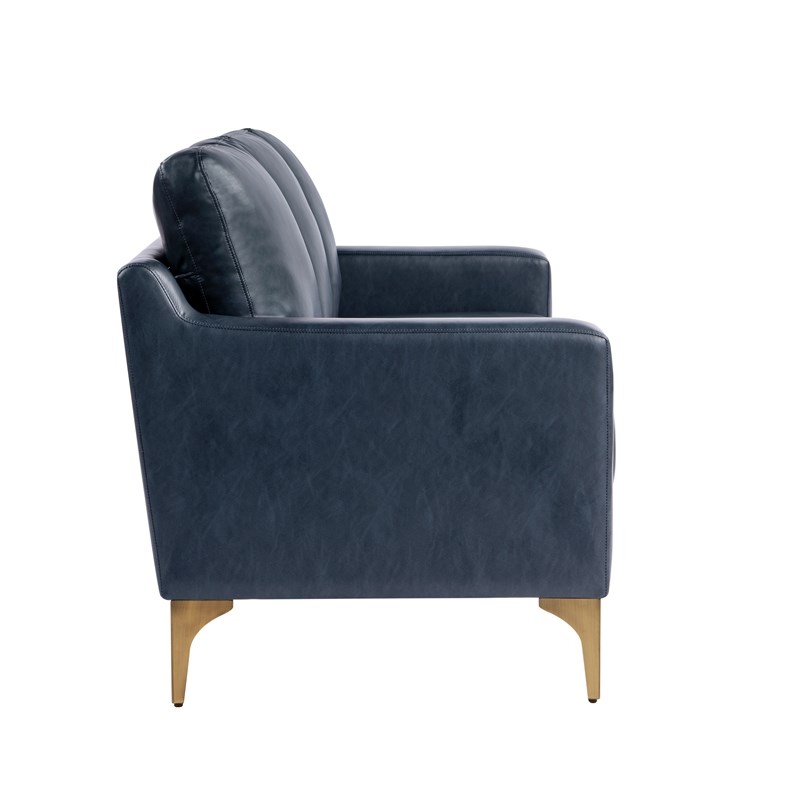Pemberly Row Stationary Sofa in Navy Blue Faux Leather Upholstery