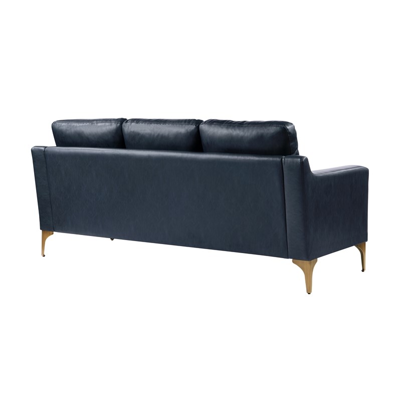Pemberly Row Stationary Sofa in Navy Blue Faux Leather Upholstery