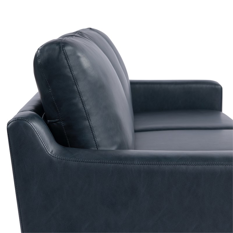 Pemberly Row Stationary Sofa in Navy Blue Faux Leather Upholstery