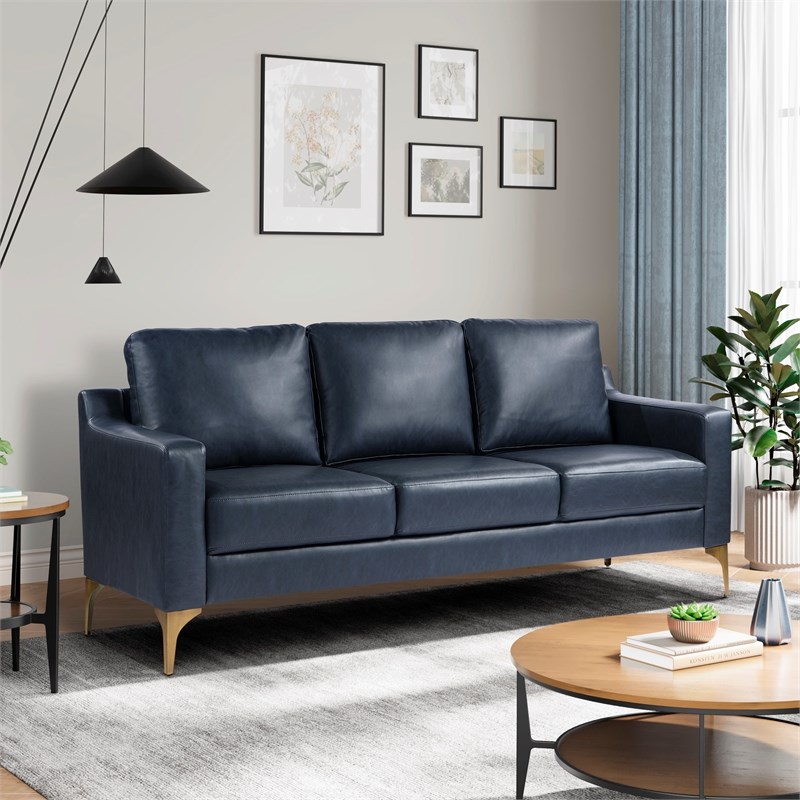 Pemberly Row Stationary Sofa in Navy Blue Faux Leather Upholstery