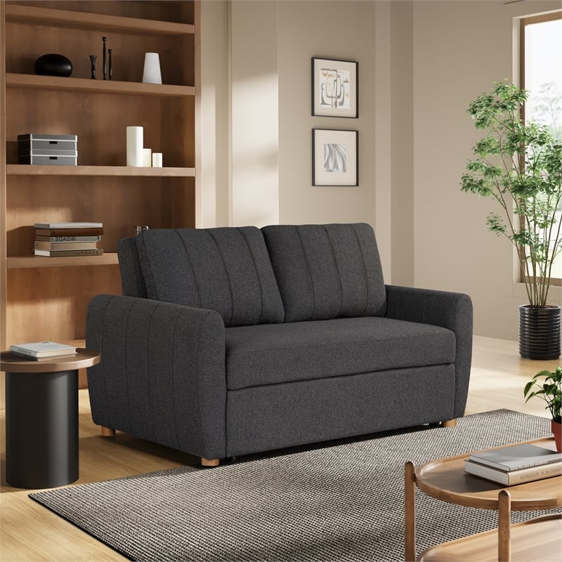 Pemberly Row Convertible Loveseat in Charcoal Fabric Upholstery