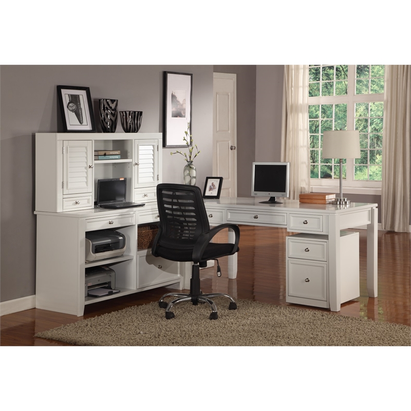 Pemberly Row Contemporary L Shape Desk with File Credenza and Hutch