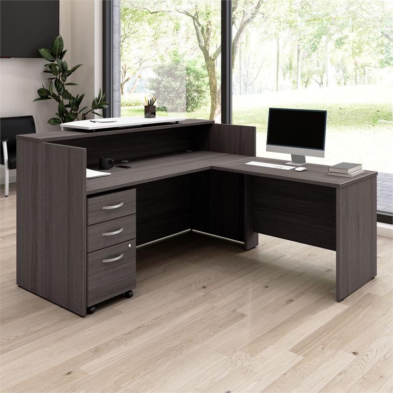 Pemberly Row Wood 72W x 72D L Reception Desk with Drawers in Storm Gray