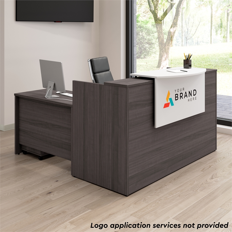 Pemberly Row Wood 72W x 72D L Reception Desk with Drawers in Storm Gray