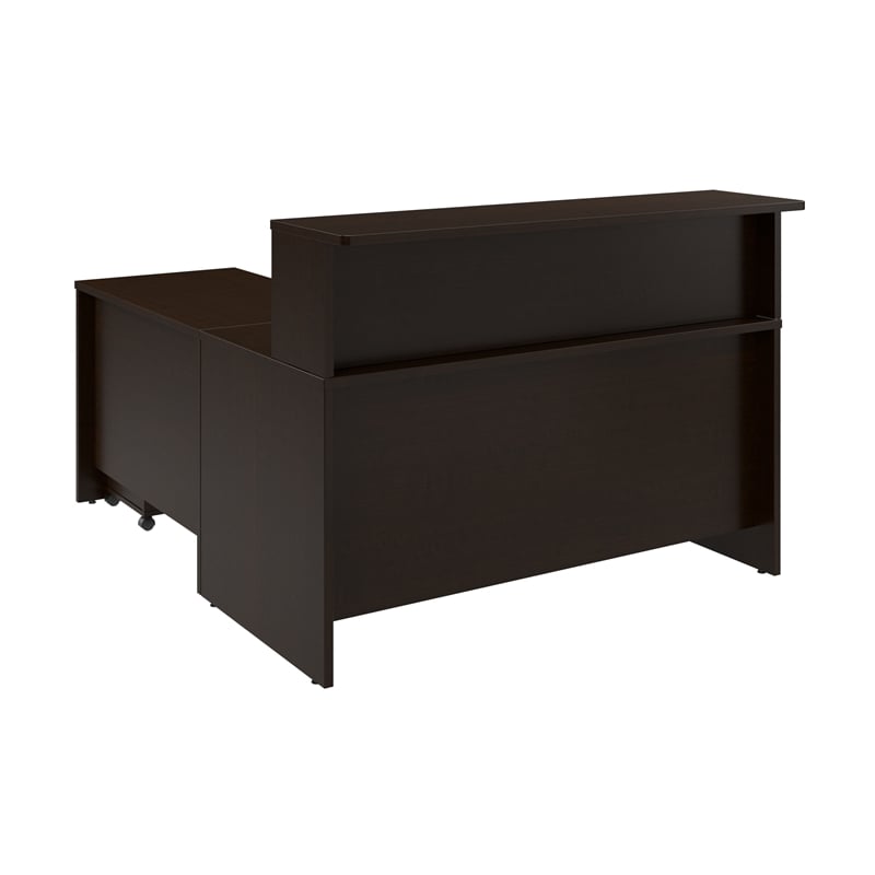 Pemberly Row 60W x 72D Wood L Reception Desk with Drawers in Mocha Cherry