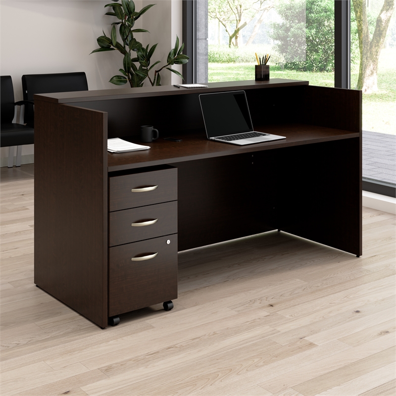 Pemberly Row Wood 72W x 30D Reception Desk with Drawers in Mocha Cherry