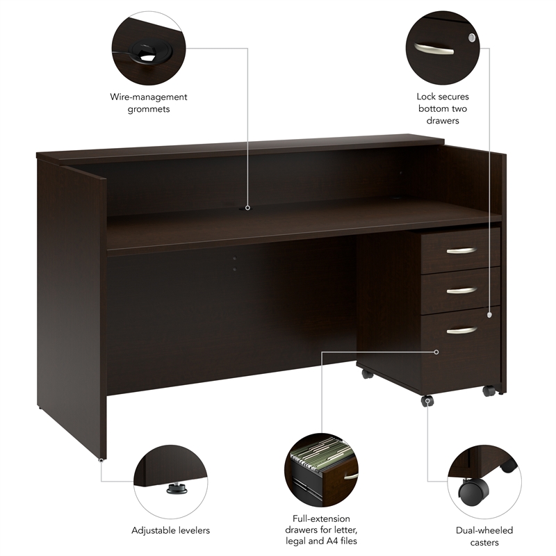 Pemberly Row Wood 72W x 30D Reception Desk with Drawers in Mocha Cherry
