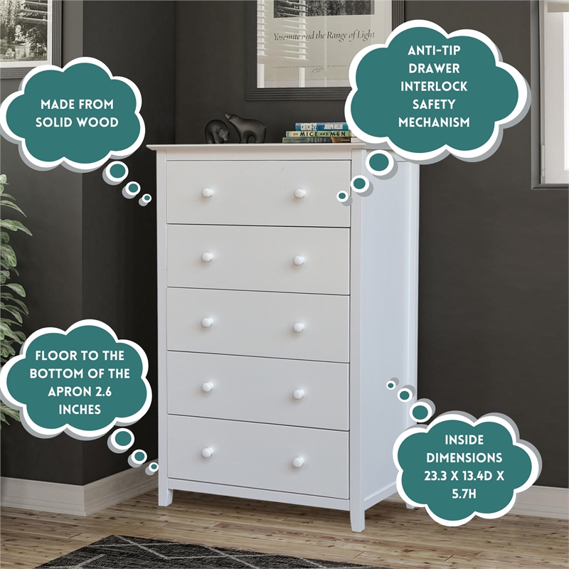 Pemberly Row Solid Wood Bedroom Dresser/Chest with 5 Drawers in White