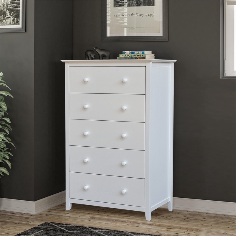 Pemberly Row Solid Wood Bedroom Dresser/Chest with 5 Drawers in White