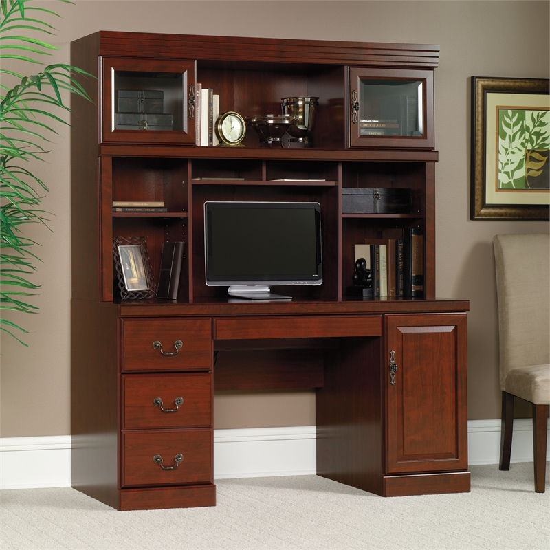 Pemberly Row Engineered Wood Desk with Hutch in Classic Cherry Finish