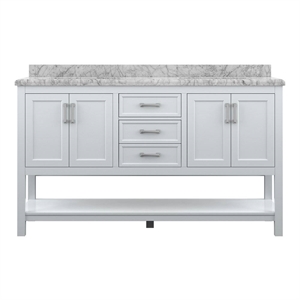 Pemberly Row 61&quot Bath Vanity in White with Carrara White Marble Top