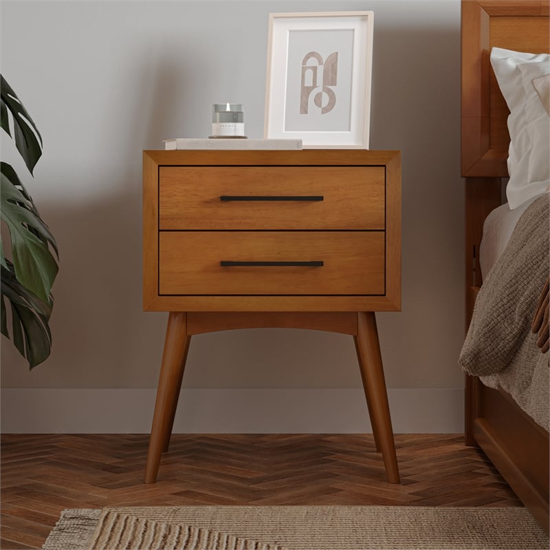 Pemberly Row Contemporary Solid Wood 2 Drawer Nightstand in Light Toffee