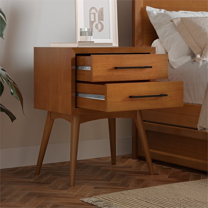 Pemberly Row Contemporary Solid Wood 2 Drawer Nightstand in Light Toffee