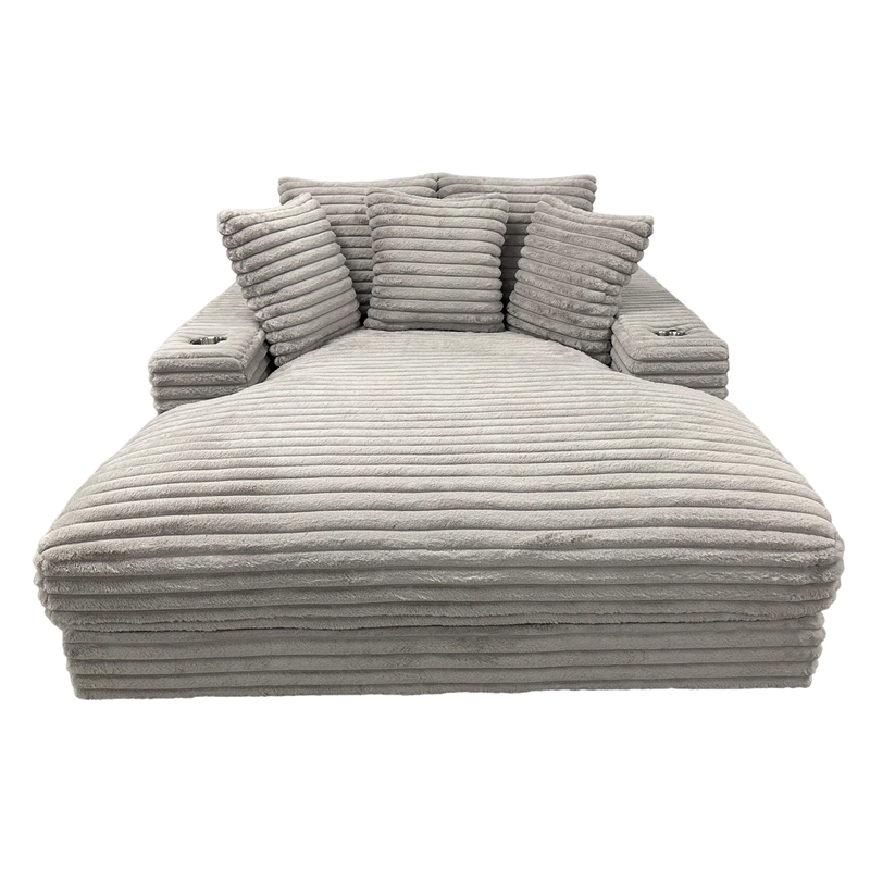 Pemberly Row Gray Oversized Fabric Cuddler Chaise with Cupholder and USB Ports