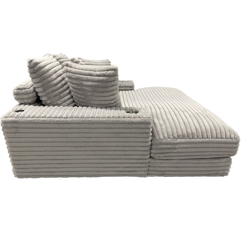 Pemberly Row Gray Oversized Fabric Cuddler Chaise with Cupholder and USB Ports