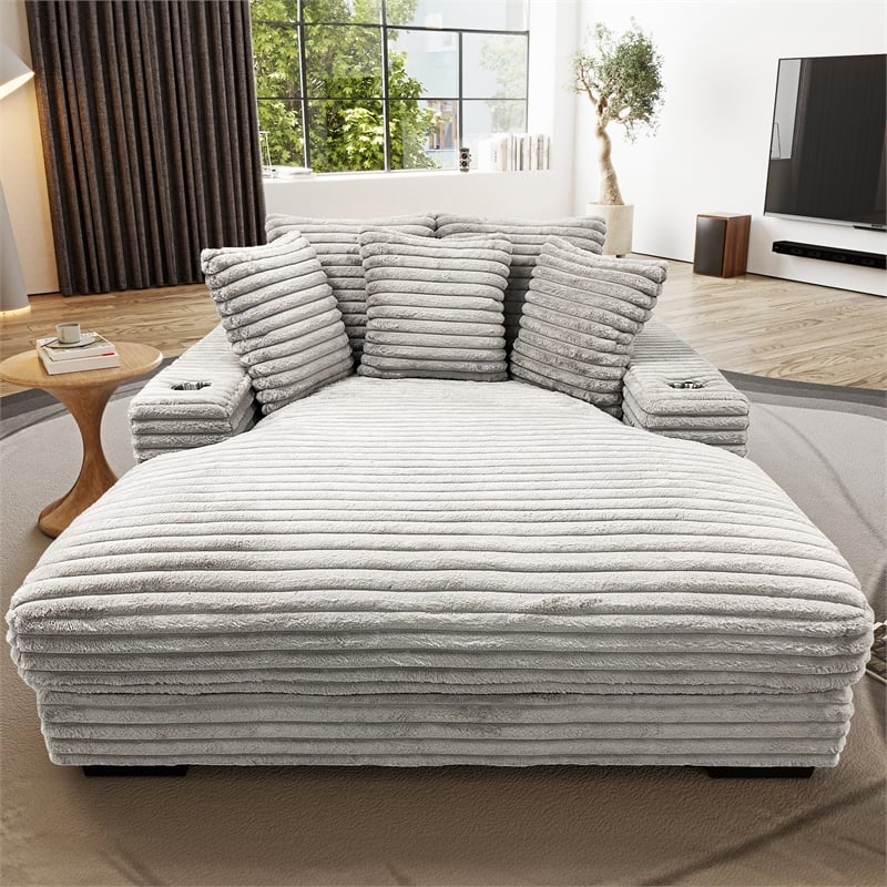 Pemberly Row Gray Oversized Fabric Cuddler Chaise with Cupholder and USB Ports