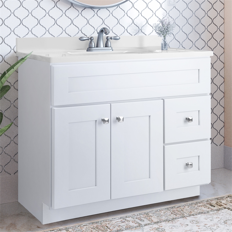 Pemberly Row Vanity Cabinet in White with Cultured Marble Top Fully Assembled