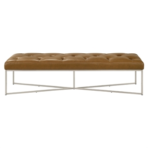 Pemberly Row 60&quot Hand Tufted Genuine Leather Metal Frame Bench in Tan