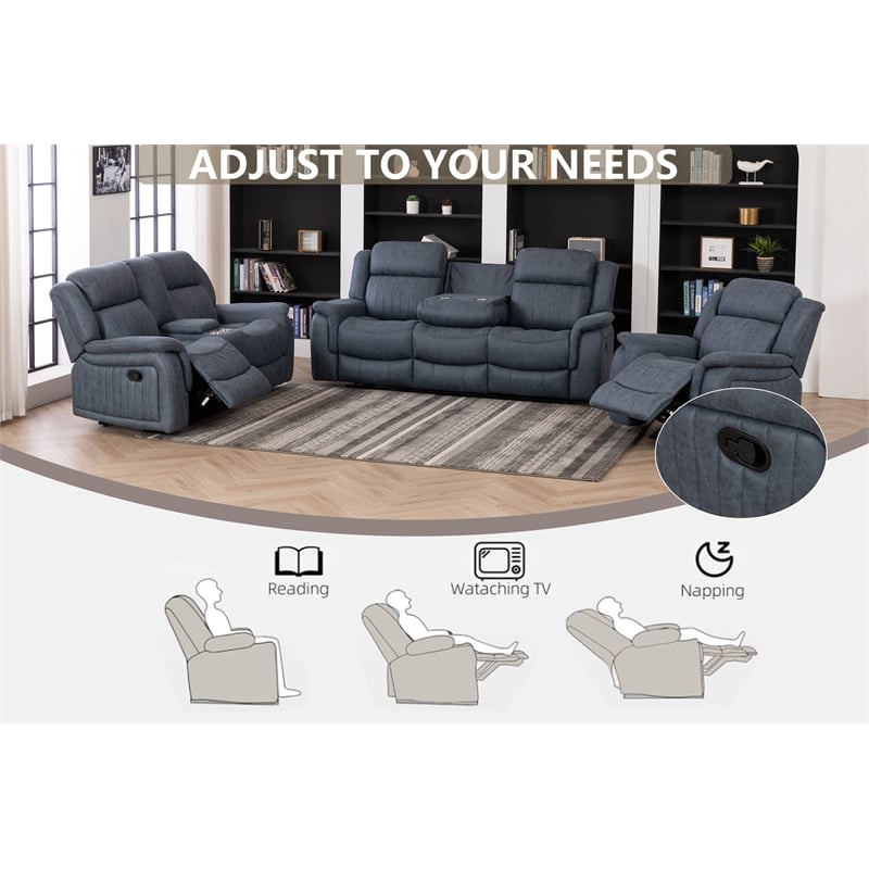 Pemberly Row 3Pc Fabric Reclining Living Room Set with Cup Holders Storage Grey
