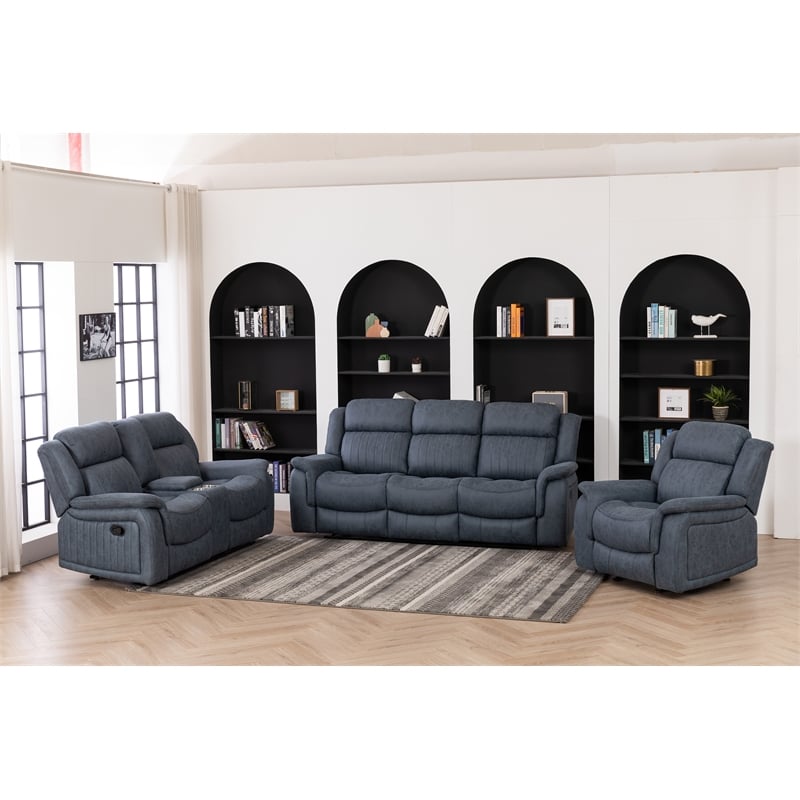 Pemberly Row 3Pc Fabric Reclining Living Room Set with Cup Holders Storage Grey