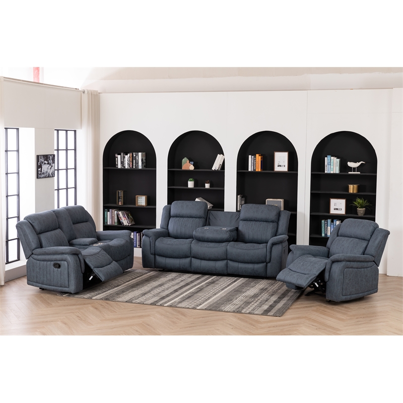 Pemberly Row 3Pc Fabric Reclining Living Room Set with Cup Holders Storage Grey