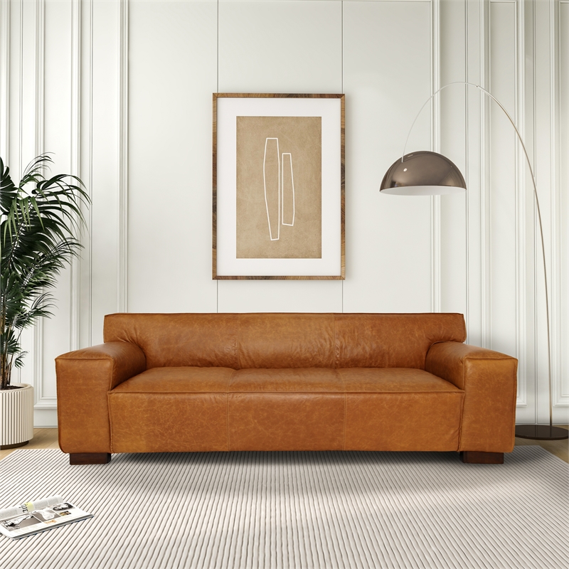 Pemberly Row Mid-Century Modern Genuine Cognac Tan Leather Tight Back Sofa