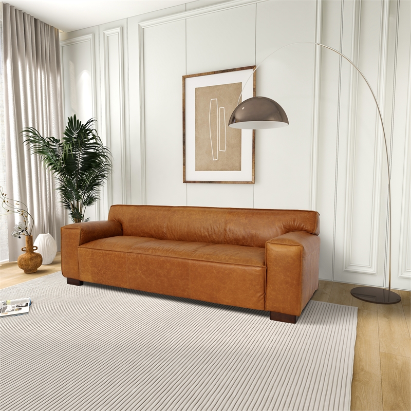Pemberly Row Mid-Century Modern Genuine Cognac Tan Leather Tight Back Sofa