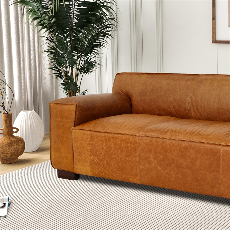 Pemberly Row Mid-Century Modern Genuine Cognac Tan Leather Tight Back Sofa