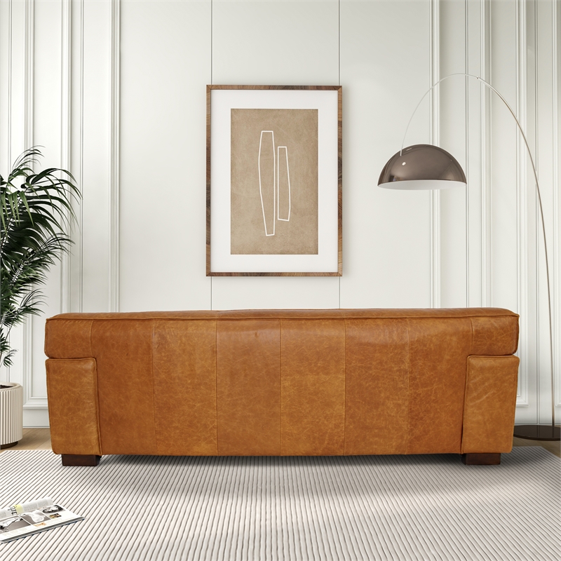 Pemberly Row Mid-Century Modern Genuine Cognac Tan Leather Tight Back Sofa