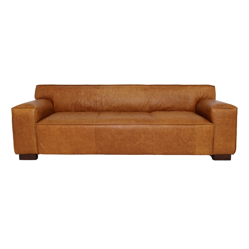 Pemberly Row Mid-Century Modern Genuine Cognac Tan Leather Tight Back Sofa