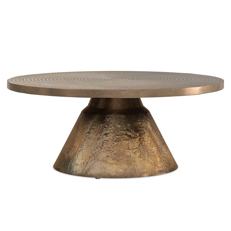 Pemberly Row Round Cast Aluminum Coffee Table in Vintage Brass & Fully Assembled