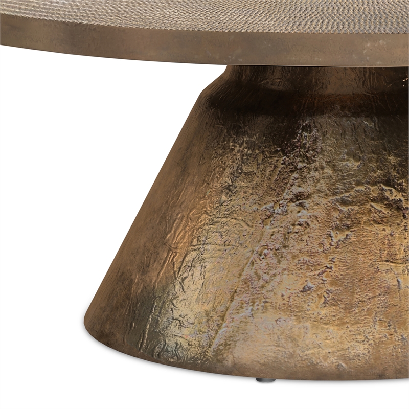 Pemberly Row Round Cast Aluminum Coffee Table in Vintage Brass & Fully Assembled