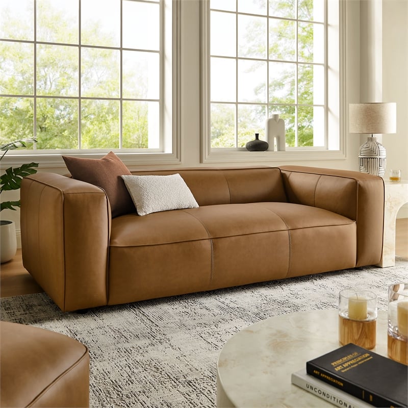 Pemberly Row Contemporary Upholstered Vegan Leather Sofa in Camel