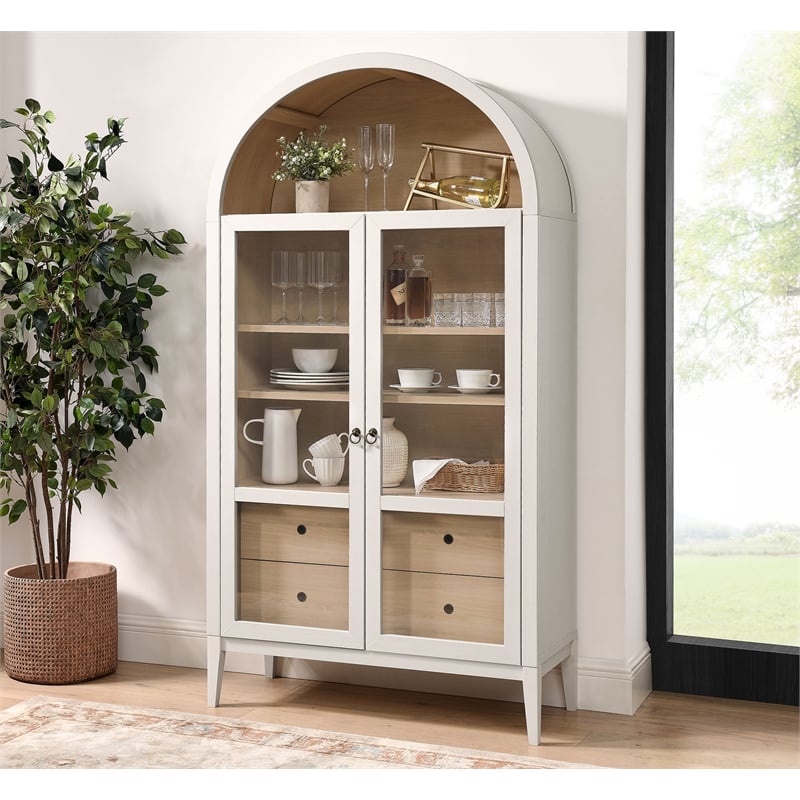 Pemberly Row Contemporary Storage Display Cabinet in Ivory Oak