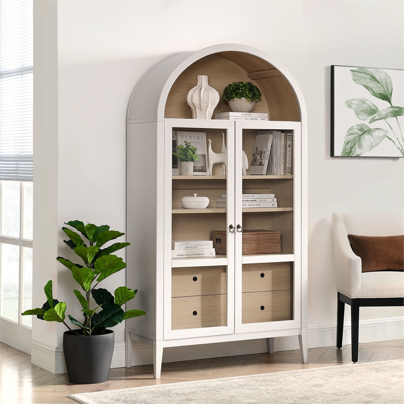 Pemberly Row Contemporary Storage Display Cabinet in Ivory Oak
