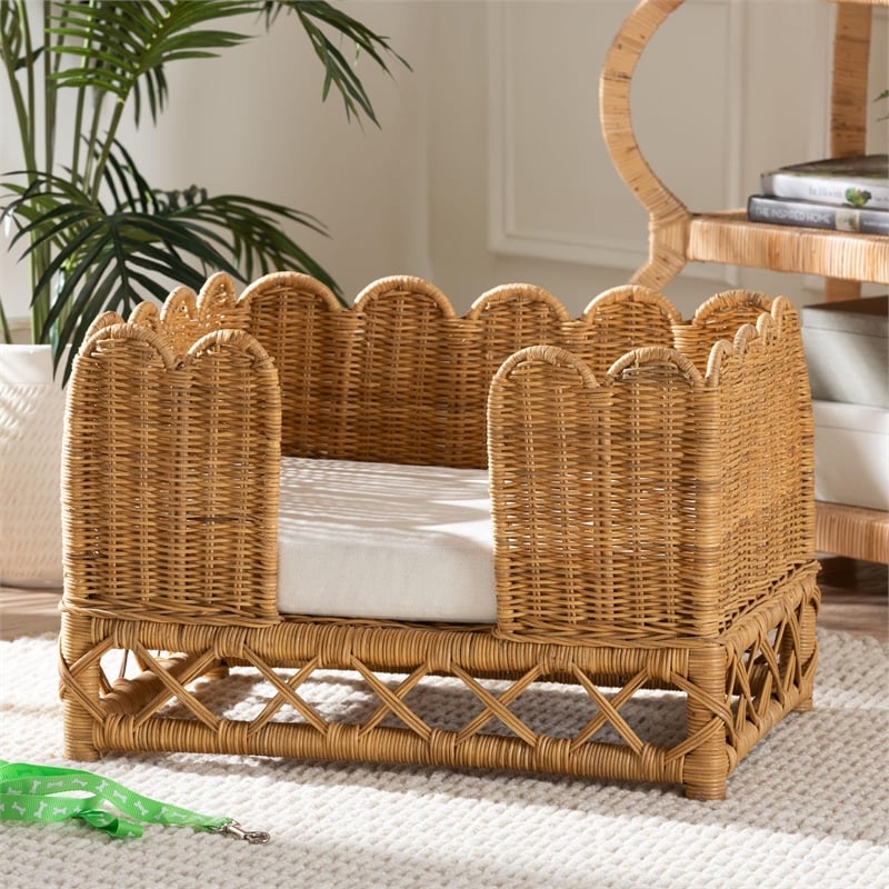 Pemberly Row Contemporary Bohemian Light Honey Rattan Pet Bed