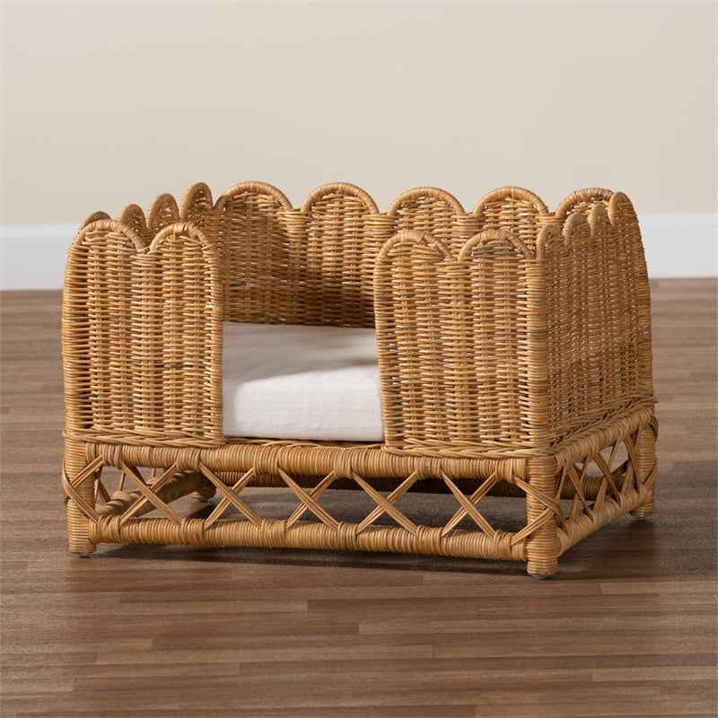 Pemberly Row Contemporary Bohemian Light Honey Rattan Pet Bed
