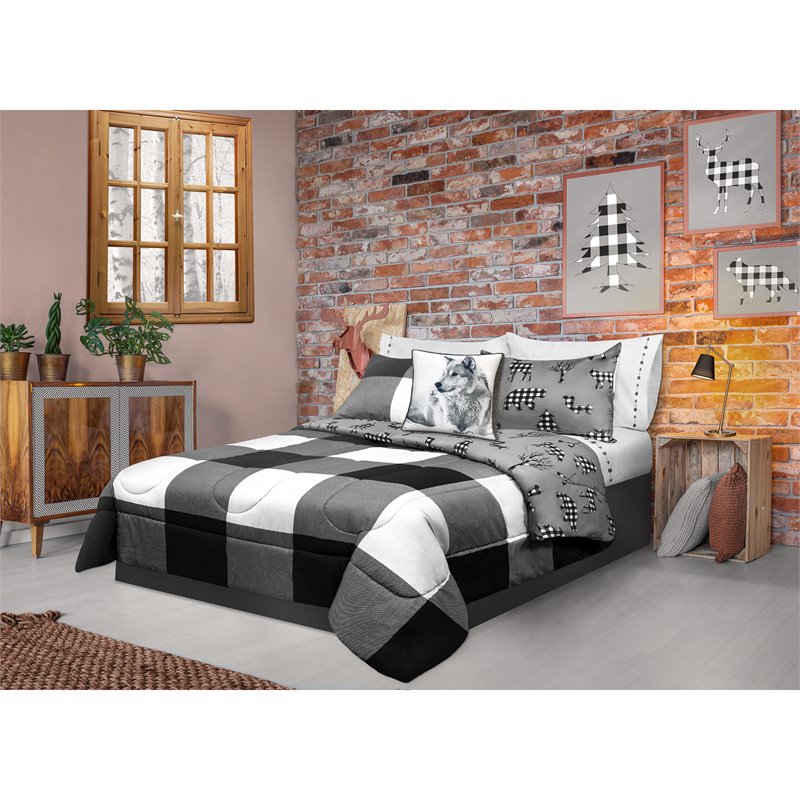 Pemberly Row 3-piece Polyester Buffalo Plaid King Comforter Set in Gray/White