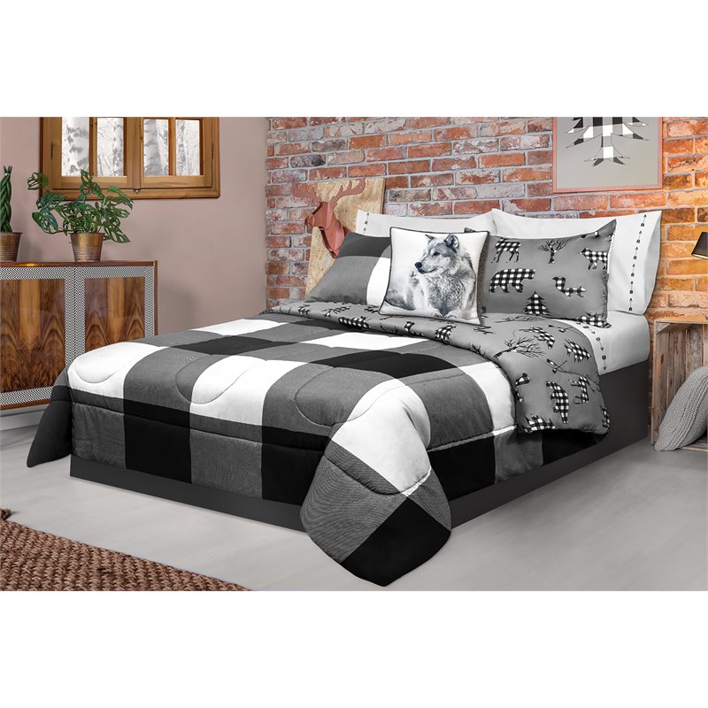 Pemberly Row 3-piece Polyester Buffalo Plaid King Comforter Set in Gray/White